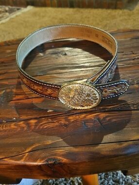 Tooled Brown Leather Little Girls Belt with Ornate Gold Buckle Sz 22